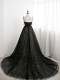 Black Sweetheart Tulle Straps Long Evening Dress, Black Formal Dress Party Dresses Prom dress HZ1023