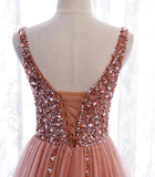 Pink Long Sparkle Beaded Tulle Slit Prom Dress,Pink V-Neckline Evening Gown HZ1023