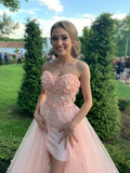 Pink floral sleeveless corset tulle long prom evening gown wedding dress HZ1023