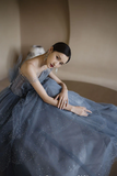Blue gorgeous sparkling exquisite beaded long tulle ball gown evening dress with rhinestones multi-layered dress HZ1023