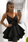 A Line V Neck Lace Layered Black Top Lace Short Homecoming Dresses with Spaghetti Straps HZ1023