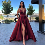 Llyge Sexy V Neck Satin Evening Dresses Spaghetti Strap Side Slit Prom Dress High Waist Evening Gowns Party Dress HZ1023