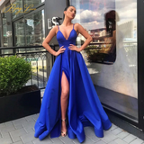 Llyge Sexy V Neck Satin Evening Dresses Spaghetti Strap Side Slit Prom Dress High Waist Evening Gowns Party Dress HZ1023