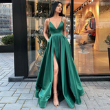 Llyge Sexy V Neck Satin Evening Dresses Spaghetti Strap Side Slit Prom Dress High Waist Evening Gowns Party Dress HZ1023