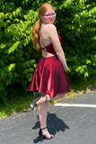 Wine Red Plunge Neck Backless A-Line Short Homecoming Dress HZ1023