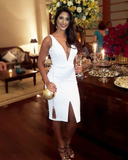 White Knee-Length Split Spaghetti Strap Party homecoming Dress HZ1023