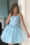 A Line Light Blue Tulle Homecoming Dress With Lace Appliques, Short Prom Dress HZ1023