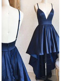 High Low Navy Blue Deep V Neck Spaghetti Straps Backless A Line Satin Homecoming Dresses HZ1023