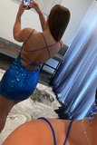 Blue Sequins Lace-Up Mini Homecoming Dress HZ1023
