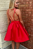 A Line V Neck Short Red Prom Dresses, Short Red Backless Formal Homecoming Dresses HZ1023