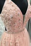 A-Line V Neck Spaghetti Straps Open Back Blush Lace Appliques Long Prom Dresses HZ1023