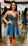 spaghetti straps short grey homecoming dress HZ1023