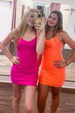 Hot Pink V-Neck Lace-Up Bodycon Mini Party Dress HZ1023