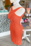 Orange Sequins Cross Front Mini Bodycon Dress HZ1023