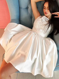 White lace satin short dress, homecoming dress HZ1023