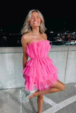 Charming A-Line Hot Pink Short Homecoming Dresses, Strapless Party Dress HZ1023