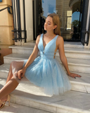 Beautiful A Line Deep V Neck Blue Short Homecoming Dress with Beading HZ1023