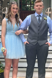 Sparkled Light Blue V-Neck A-Line Short Homecoming Dress HZ1023