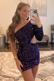 Purple Sequin One-Sleeve Cutout Short Homecoming Dress HZ1023