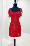 Blue/purple/black/red/white shiny elegant delicate floral beaded lace off-shoulder feather short mini homecoming dress evening gown party dress HZ1023