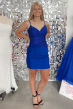 Royal Blue Beaded Spaghetti Straps Ruched Mini Homecoming Dress HZ1023