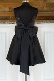 Bow Back Black Beaded Straps Backless Skater Dress HZ1023