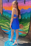 Royal Blue Beaded Lace-Up Mini Cocktail Dress with Slit HZ1023