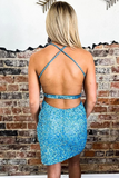 Blue Sequined Sweetheart Backless Mini Party Dress HZ1023