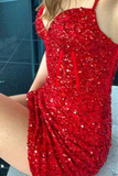Red Sequin Bustier Spaghetti Straps Tight Homecoming Dress HZ1023