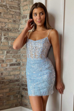 Gorgeous Light Blue Lace Straps Mini Party Dress HZ1023