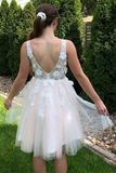 A-line Pink and White Appliques Short Homecoming Dress HZ1023