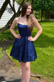 Dark Blue Sequins Spaghetti Straps A-Line Short Homecoming Dress HZ1023
