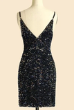 Black Sequins V-Neck Spaghetti Straps Mini Homecoming Dress HZ1023