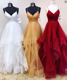 V-neck A-line Sparkly Long Prom Dresses HZ1023