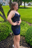 Dark Blue Beaded Spaghetti Straps Bodycon Mini Party Dress HZ1023