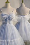 Dreamy Sky Blue Spaghetti Straps Bow-Back Short Party Dress HZ1023