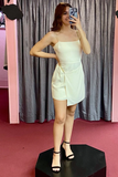 Cream Asymmetrical Chain Short Homecoming Dress HZ1023
