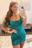Emerald Sequin Cold-Shoulder Fringe Short Cocktail Gown HZ1023