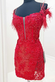 Blue/purple/black/red/white shiny elegant delicate floral beaded lace off-shoulder feather short mini homecoming dress evening gown party dress HZ1023