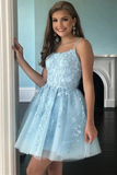 A Line Light Blue Tulle Homecoming Dress With Lace Appliques, Short Prom Dress HZ1023