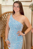 One-Shoulder Blue Iridescent Sequin Backless Mini Homecoming Dress HZ1023