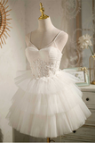 Multi-Tiered White V-Neck Short Party Dress HZ1023