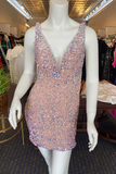 Purple Sequins Plunge Mini Homecoming Dress HZ1023