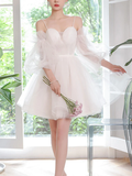 White sweetheart neck tulle short prom dress, cute white homecoming dress HZ1023