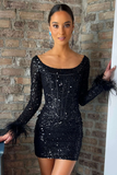 White Sequin Square Neck Long Sleeve Feather Short Party Dress HZ1023