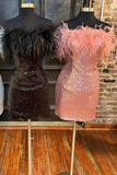 Feathered Strapless Bodycon Short Homecoming Dress HZ1023