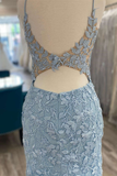 Light Blue Appliques Plunge V Backless Short Homecoming Dress HZ1023