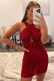 Orange Sequins Cross Front Mini Bodycon Dress HZ1023