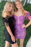 Blue/purple/black/red/white shiny elegant delicate floral beaded lace off-shoulder feather short mini homecoming dress evening gown party dress HZ1023