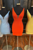 Dark Blue Beaded Plunge Neck Bodycon Mini Party Dress HZ1023